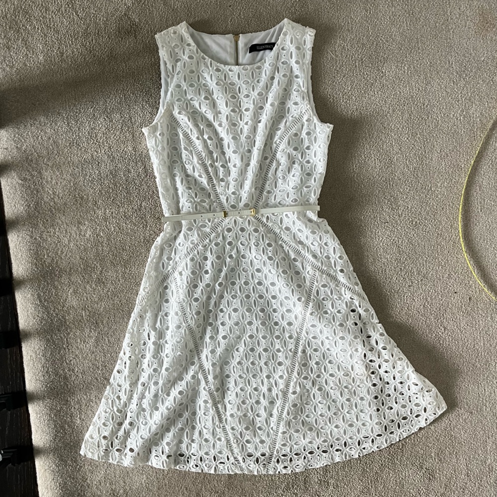 Ellen Tracy White Belted A-Line Dress